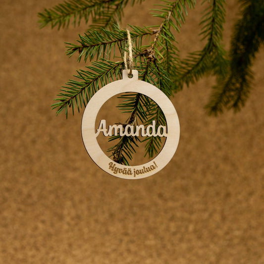 Kuusenkoriste nimellä ja tekstillä