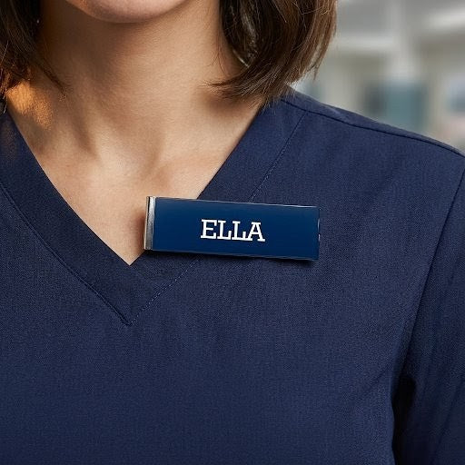 Nimikyltti metalliklipsillä ja omalla tekstillä